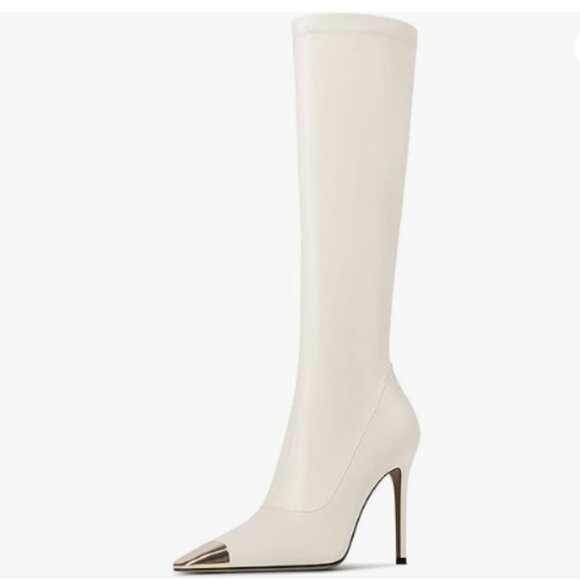YDN Women Metal Cap Toe Boots Stiletto High Heel Knee High Riding Boots White